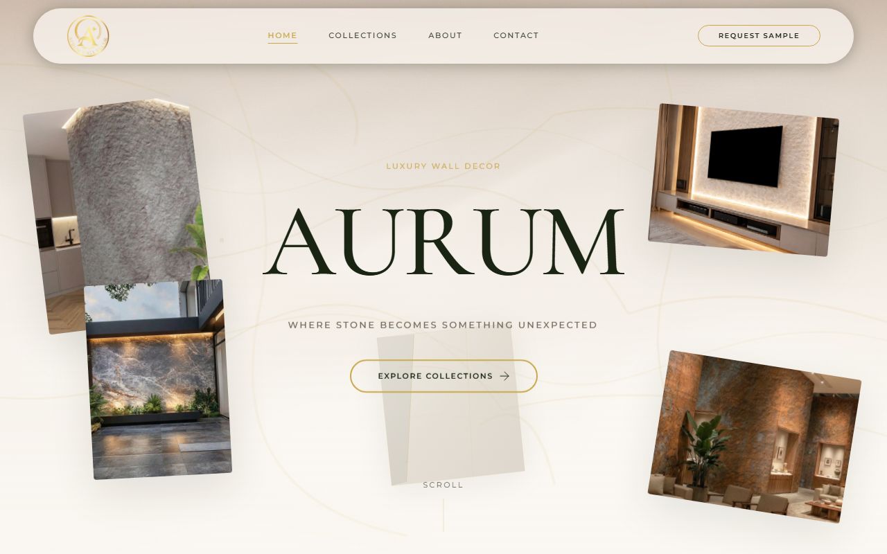Aurum Wall Decor live website — luxury stone panels brand built by NodeAscend web design company in Faridabad