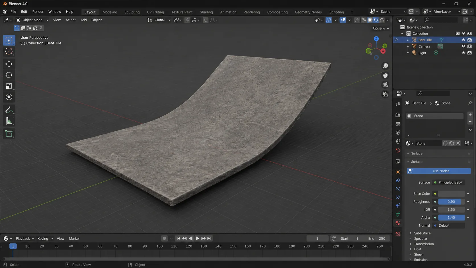 Blender 3D viewport — flexible stone tile being modelled for Aurum Wall Decor product visualization, NodeAscend Faridabad